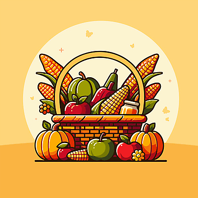 농업 일러스트 호박 옥수수 사람없음 바구니 주황색 가을 사과 엘리먼트 국내일러스트 AI파일 계절 산업 컬러 채소 과일 곡류 파일형식 벡터