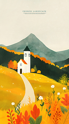 PSD 나무 길 일러스트 자연 산 풍경 초원 사람없음 교회 가을 언덕 국내일러스트 식물 계절 종교건축 건물 생태계 파일형식