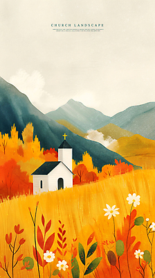 PSD 나무 일러스트 자연 산 풍경 초원 사람없음 교회 가을 언덕 국내일러스트 식물 계절 종교건축 건물 생태계 파일형식