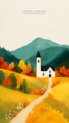 PSD 나무 길 일러스트 자연 산 풍경 초원 사람없음 교회 가을 언덕 국내일러스트 식물 계절 종교건축 건물 생태계 파일형식