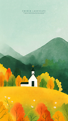 PSD 나무 일러스트 자연 산 풍경 초원 사람없음 교회 가을 언덕 국내일러스트 식물 계절 종교건축 건물 생태계 파일형식