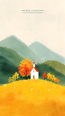 PSD 나무 일러스트 자연 산 풍경 초원 사람없음 교회 가을 언덕 국내일러스트 식물 계절 종교건축 건물 생태계 파일형식