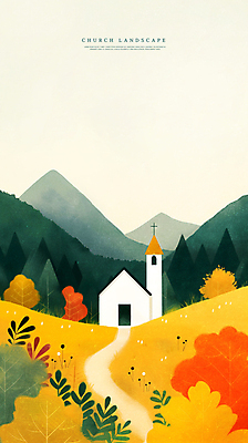 PSD 나무 길 일러스트 자연 산 풍경 초원 사람없음 교회 가을 언덕 국내일러스트 식물 계절 종교건축 건물 생태계 파일형식