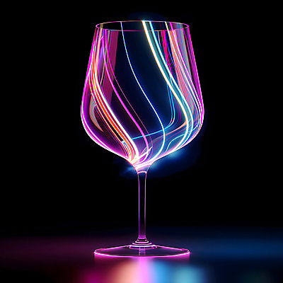 JPG 편집이미지 분홍색 와인잔 유리 사람없음 빛 반짝임 반사 어둠 투명 홀로그램 편집실사 AI포토 AI콘텐츠 컬러 술잔 모션 재질 CG 파일형식