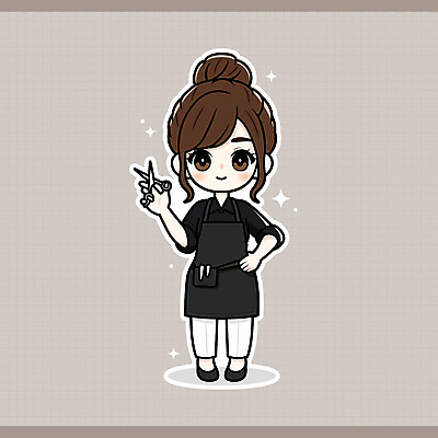 전신 헤어스타일 여자 인물캐릭터 허리손 스티커 일러스트 직업캐릭터 한명 웃음 들기 성인 반짝임 갈색 귀여움 앞치마 미용사 염색 미용가위 성인여자한명만 일러캐릭터 AI파일 직업 캐릭터 1 컬러 포즈 컨셉 모션 가위_도구 표정 사람 미용용품 여자한명만 성인여자만 파일형식 벡터