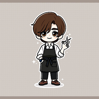 전신 헤어스타일 남자 인물캐릭터 스티커 일러스트 직업캐릭터 한명 웃음 들기 성인 반짝임 갈색 귀여움 앞치마 미용사 주머니손 염색 미용가위 성인남자한명만 일러캐릭터 AI파일 직업 캐릭터 1 컬러 컨셉 모션 가위_도구 표정 사람 미용용품 남자한명만 성인남자만 파일형식 벡터