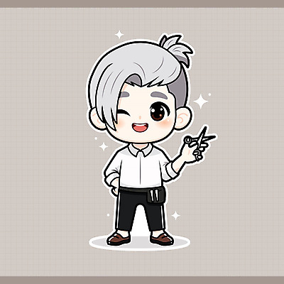 전신 헤어스타일 남자 인물캐릭터 허리손 스티커 일러스트 직업캐릭터 한명 웃음 들기 성인 반짝임 갈색 귀여움 미용사 염색 미용가위 성인남자한명만 일러캐릭터 AI파일 직업 캐릭터 1 컬러 포즈 컨셉 모션 가위_도구 표정 사람 미용용품 남자한명만 성인남자만 파일형식 벡터