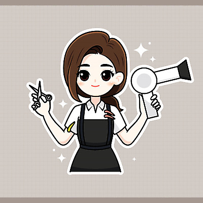 헤어스타일 여자 인물캐릭터 스티커 일러스트 직업캐릭터 한명 웃음 들기 상반신 성인 반짝임 갈색 귀여움 앞치마 드라이어 미용사 염색 미용가위 성인여자한명만 일러캐릭터 AI파일 직업 캐릭터 1 컬러 컨셉 모션 가위_도구 표정 사람 미용용품 여자한명만 성인여자만 파일형식 벡터