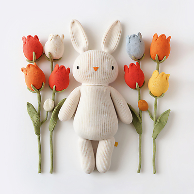 JPG 편집이미지 사람없음 장식 튤립 뜨개질 털실 디지털합성 토끼인형 수공예 핸드메이드 편집소스 뜨개인형 편집실사 AI포토 AI콘텐츠 꽃 인형 취미 토끼 실 공예 CG 파일형식