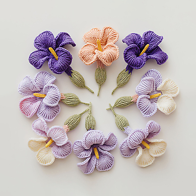 JPG 편집이미지 사람없음 장식 보라색 뜨개질 털실 디지털합성 아이리스 수공예 핸드메이드 편집소스 편집실사 AI포토 AI콘텐츠 꽃 컬러 취미 실 공예 CG 파일형식