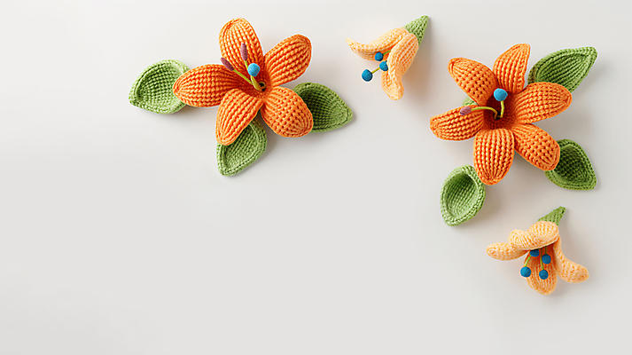 JPG 편집이미지 잎 사람없음 장식 주황색 뜨개질 털실 백합 디지털합성 수공예 핸드메이드 카피스페이스 편집소스 편집실사 AI포토 AI콘텐츠 식물 꽃 컬러 취미 공백 실 공예 CG 파일형식