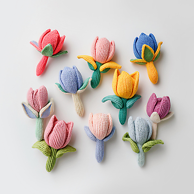 JPG 편집이미지 사람없음 장식 컬러풀 튤립 뜨개질 털실 디지털합성 수공예 핸드메이드 편집소스 편집실사 AI포토 AI콘텐츠 꽃 컬러 취미 실 공예 CG 파일형식