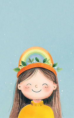 JPG 모자 여자 행복 어린이 하늘색 무지개 잎 일러스트 하늘 한명 미소 웃음 소녀 상반신 기쁨 소녀한명만 국내일러스트 AI일러스트 AI콘텐츠 자연요소 식물 1 잡화 감정 표정 사람 파란색 여자한명만 소녀만 파일형식