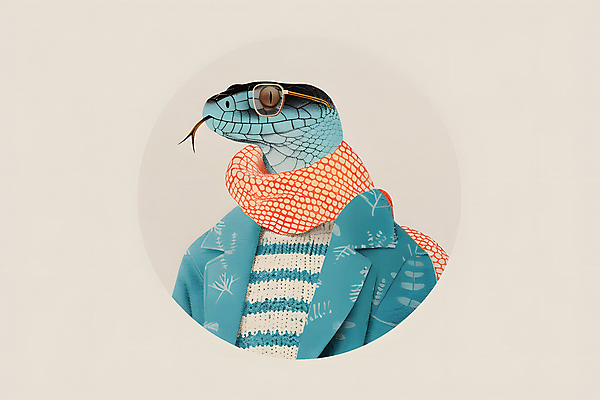 JPG 패션 일러스트 사람없음 파란색 선글라스 목도리 코트 원형 뱀 스웨터 국내일러스트 푸른뱀 AI일러스트 AI콘텐츠 도형 잡화 안경 컬러 상의 파충류 외투 파일형식