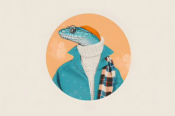 JPG 패션 일러스트 사람없음 파란색 목도리 코트 원형 뱀 터틀넥 비니 안경낌 국내일러스트 푸른뱀 AI일러스트 AI콘텐츠 도형 모자_잡화 잡화 안경 컬러 파충류 외투 스웨터 파일형식