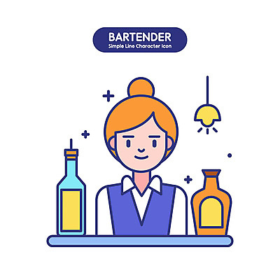 여자 인물캐릭터 일러스트 술병 조명 주류 직업캐릭터 한명 미소 상반신 성인 칵테일 바 서비스업 바텐더 단순화된 성인여자한명만 일러캐릭터 AI파일 직업 캐릭터 1 산업 음료 병_용기 표정 사람 여자한명만 성인여자만 파일형식 벡터