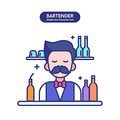 남자 인물캐릭터 일러스트 술병 주류 직업캐릭터 한명 미소 상반신 성인 눈감음 칵테일 바 서비스업 바텐더 단순화된 성인남자한명만 일러캐릭터 AI파일 직업 캐릭터 1 산업 음료 모션 병_용기 표정 사람 남자한명만 성인남자만 파일형식 벡터