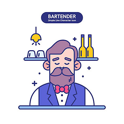 남자 인물캐릭터 일러스트 술병 조명 주류 직업캐릭터 한명 미소 상반신 성인 눈감음 칵테일 바 서비스업 바텐더 단순화된 성인남자한명만 일러캐릭터 AI파일 직업 캐릭터 1 산업 음료 모션 병_용기 표정 사람 남자한명만 성인남자만 파일형식 벡터