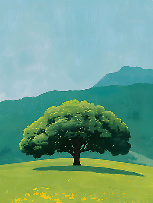 JPG 나무 일러스트 자연 하늘 그림자 풍경 초원 사람없음 야외 초록색 평화 언덕 그림 국내일러스트 AI일러스트 AI콘텐츠 식물 컬러 컨셉 생태계 파일형식