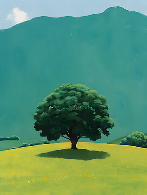 JPG 나무 일러스트 자연 하늘 그림자 풍경 초원 사람없음 야외 초록색 평화 언덕 그림 국내일러스트 AI일러스트 AI콘텐츠 식물 컬러 컨셉 생태계 파일형식