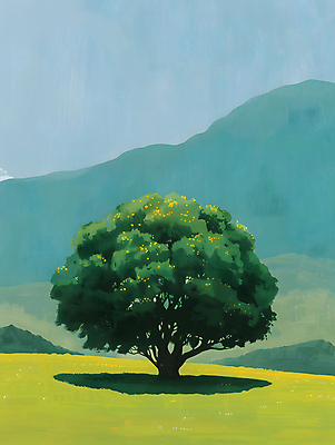 JPG 나무 일러스트 자연 하늘 그림자 풍경 초원 사람없음 야외 초록색 평화 언덕 그림 국내일러스트 AI일러스트 AI콘텐츠 식물 컬러 컨셉 생태계 파일형식