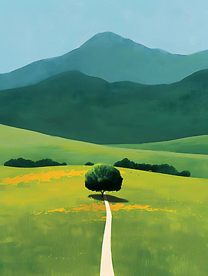 JPG 나무 길 일러스트 자연 하늘 산 그림자 풍경 초원 사람없음 야외 초록색 평화 그림 국내일러스트 AI일러스트 AI콘텐츠 식물 컬러 컨셉 생태계 파일형식