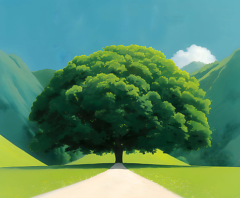 JPG 나무 길 일러스트 자연 하늘 산 그림자 풍경 초원 사람없음 야외 초록색 평화 그림 국내일러스트 AI일러스트 AI콘텐츠 식물 컬러 컨셉 생태계 파일형식