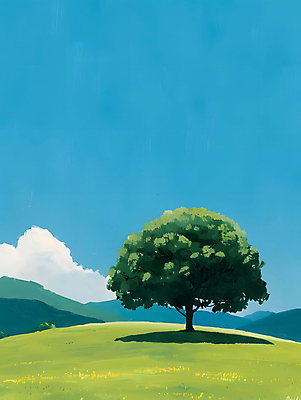 JPG 나무 일러스트 자연 하늘 그림자 풍경 초원 사람없음 야외 초록색 평화 언덕 그림 국내일러스트 AI일러스트 AI콘텐츠 식물 컬러 컨셉 생태계 파일형식