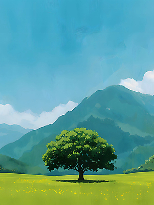 JPG 나무 일러스트 자연 하늘 산 그림자 풍경 초원 사람없음 야외 초록색 평화 그림 국내일러스트 AI일러스트 AI콘텐츠 식물 컬러 컨셉 생태계 파일형식