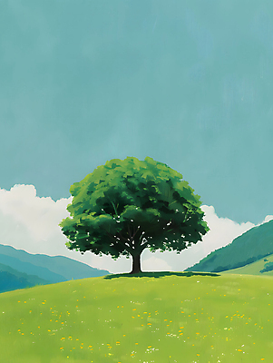 JPG 나무 일러스트 자연 하늘 그림자 풍경 초원 사람없음 야외 초록색 평화 언덕 그림 국내일러스트 AI일러스트 AI콘텐츠 식물 컬러 컨셉 생태계 파일형식