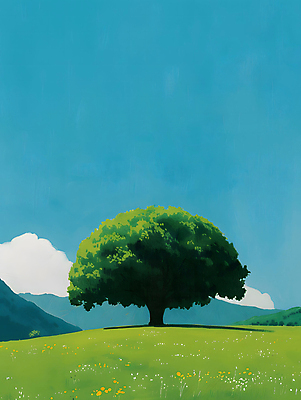 JPG 나무 일러스트 자연 하늘 그림자 풍경 초원 사람없음 야외 초록색 평화 언덕 그림 국내일러스트 AI일러스트 AI콘텐츠 식물 컬러 컨셉 생태계 파일형식