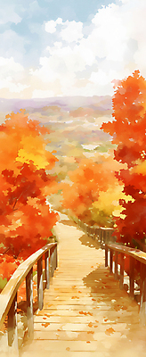 JPG 구름 단풍 낙엽 일러스트 하늘 단풍나무 휴가 산 풍경 사람없음 가을풍경 주황색 등산 트래킹 산책로 시골 데크 가을여행 등산로 국내일러스트 AI일러스트 AI콘텐츠 자연요소 나무 길 컬러 여행 잎 레저 파일형식 가을_계절