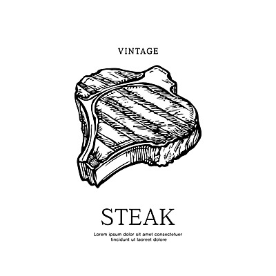 일러스트 흑백 육류 스테이크 사람없음 빈티지 바비큐 스케치 심볼 판화 국내일러스트 AI파일 음식 컨셉 식재료 서양음식 촬영기법 미술 파일형식 벡터