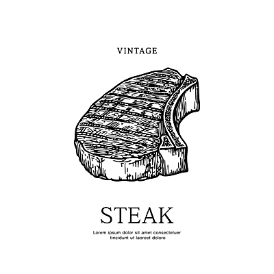 일러스트 흑백 육류 스테이크 사람없음 빈티지 바비큐 스케치 심볼 판화 국내일러스트 AI파일 음식 컨셉 식재료 서양음식 촬영기법 미술 파일형식 벡터