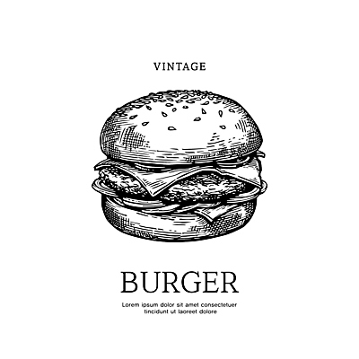 일러스트 흑백 사람없음 햄버거 빈티지 스케치 심볼 판화 국내일러스트 AI파일 컨셉 패스트푸드 촬영기법 미술 파일형식 벡터