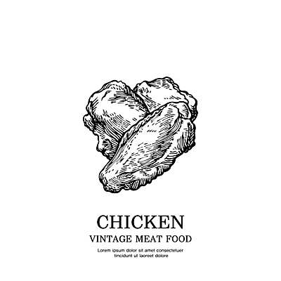 일러스트 흑백 육류 사람없음 치킨 닭 빈티지 스케치 심볼 판화 버팔로윙 국내일러스트 AI파일 컨셉 식재료 조류 촬영기법 미술 닭고기요리 파일형식 벡터