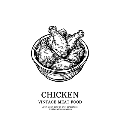그릇 일러스트 흑백 육류 사람없음 치킨 닭 빈티지 스케치 심볼 판화 국내일러스트 AI파일 식기 컨셉 식재료 조류 촬영기법 미술 닭고기요리 파일형식 벡터