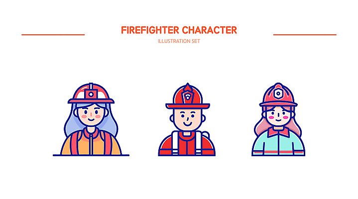 여자 남자 인물캐릭터 일러스트 직업캐릭터 미소 웃음 안전 상반신 성인 빨간색 세명 자신감 소방관 소방 방화복 소방관모자 소방대 엘리먼트 성인만 방호복 일러캐릭터 AI파일 직업 캐릭터 모자_잡화 옷 감정 컬러 표정 사람 구조원 파일형식 벡터