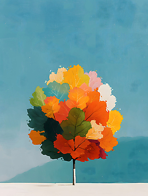 JPG 나무 단풍 일러스트 자연 하늘 사람없음 컬러풀 평화 가을 그림 카피스페이스 국내일러스트 AI일러스트 AI콘텐츠 식물 계절 컬러 컨셉 잎 공백 생태계 파일형식