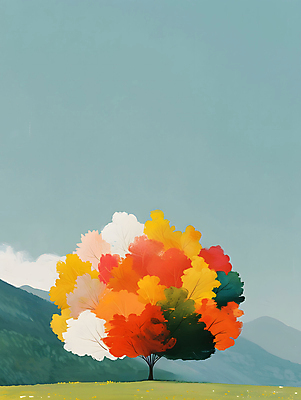 JPG 나무 단풍 일러스트 자연 하늘 산 잔디 사람없음 컬러풀 평화 가을 그림 카피스페이스 국내일러스트 AI일러스트 AI콘텐츠 식물 계절 컬러 컨셉 잎 공백 생태계 파일형식