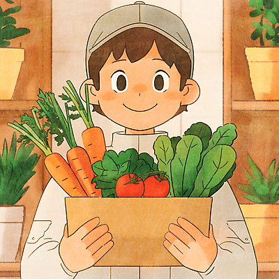 JPG 식물 모자 남자 화분 토마토 일러스트 한명 들기 상반신 성인 농작물 당근 신선 배달원 배송 시금치 택배상자 성인남자한명만 국내일러스트 AI일러스트 AI콘텐츠 직업 1 잡화 농업 채소 모션 뿌리채소 사람 상자 택배 남자한명만 성인남자만 파일형식