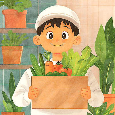 JPG 식물 모자 남자 화분 일러스트 선반 한명 들기 상반신 성인 농작물 상자 당근 신선 배달원 배송 시금치 택배상자 성인남자한명만 국내일러스트 AI일러스트 AI콘텐츠 직업 1 잡화 가구 농업 채소 모션 뿌리채소 사람 택배 남자한명만 성인남자만 파일형식