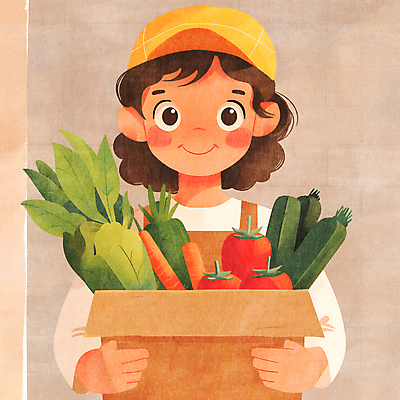 JPG 모자 여자 토마토 일러스트 오이 한명 들기 상반신 성인 농작물 당근 신선 배달원 배송 시금치 택배상자 성인여자한명만 국내일러스트 AI일러스트 AI콘텐츠 직업 1 잡화 농업 채소 모션 뿌리채소 사람 상자 택배 여자한명만 성인여자만 파일형식