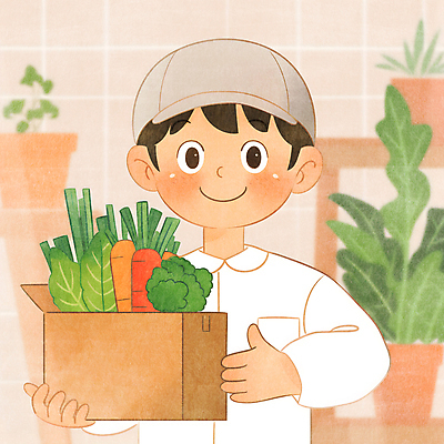 JPG 식물 모자 남자 화분 채소 일러스트 한명 들기 상반신 성인 농작물 당근 신선 배달원 브로콜리 배송 파 시금치 택배상자 성인남자한명만 국내일러스트 AI일러스트 AI콘텐츠 직업 1 잡화 농업 모션 뿌리채소 사람 상자 택배 남자한명만 성인남자만 파일형식