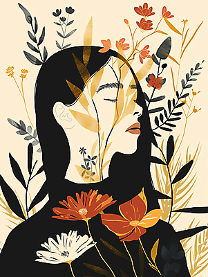 JPG 여자 꽃 잎 일러스트 한명 상반신 성인 갈색 눈감음 가을 빈티지 성인여자한명만 국내일러스트 AI일러스트 AI콘텐츠 식물 1 계절 컬러 컨셉 모션 사람 여자한명만 성인여자만 파일형식