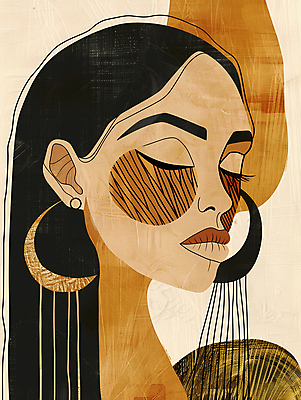 JPG 여자 일러스트 한명 상반신 성인 갈색 눈감음 귀걸이 가을 빈티지 성인여자한명만 국내일러스트 AI일러스트 AI콘텐츠 1 계절 컬러 컨셉 장신구 모션 사람 여자한명만 성인여자만 파일형식