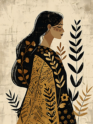 JPG 여자 잎 일러스트 한명 상반신 성인 갈색 눈감음 가을 빈티지 성인여자한명만 국내일러스트 AI일러스트 AI콘텐츠 식물 1 계절 컬러 컨셉 모션 사람 여자한명만 성인여자만 파일형식