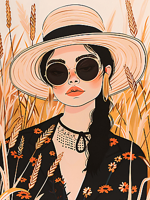 JPG 모자 여자 꽃무늬 일러스트 한명 상반신 성인 선글라스 갈색 가을 빈티지 갈대밭 성인여자한명만 국내일러스트 AI일러스트 AI콘텐츠 1 잡화 계절 꽃 안경 컬러 컨셉 무늬 사람 여자한명만 성인여자만 파일형식 갈대_식물