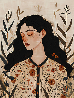 JPG 여자 잎 꽃무늬 일러스트 한명 상반신 성인 갈색 눈감음 가을 빈티지 주근깨 성인여자한명만 국내일러스트 AI일러스트 AI콘텐츠 식물 1 계절 꽃 컬러 컨셉 무늬 모션 사람 점 여자한명만 성인여자만 파일형식