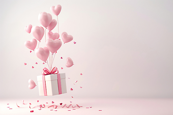 JPG 편집이미지 행복 리본 분홍색 이벤트 사람없음 선물상자 공간 기쁨 떠있는 꽃가루 하트풍선 편집실사 AI포토 AI콘텐츠 감정 컬러 모션 선물 상자 하트 가루 CG 풍선 파일형식